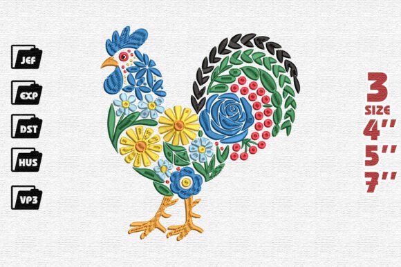 Colorful Folk Art Rooster Embroidery